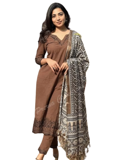 Printed Cotton Straight Kurta Set with Dupatta for Women(XL)